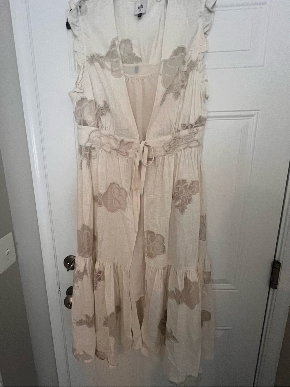 Cabi Laguna slip dress- Cream Floral Embroidered Maxi Dress - Elegant Tie Waist